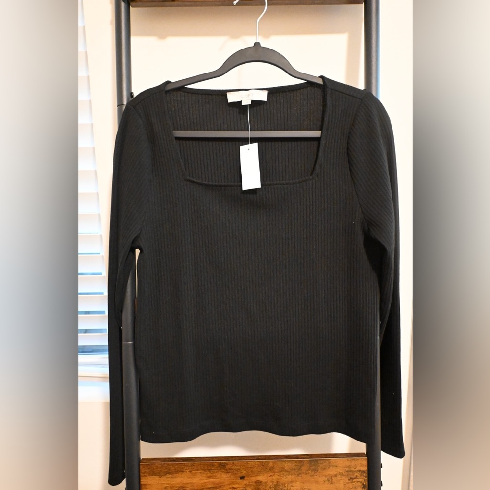 LOFT Black Ribbed Square Neck Blouse